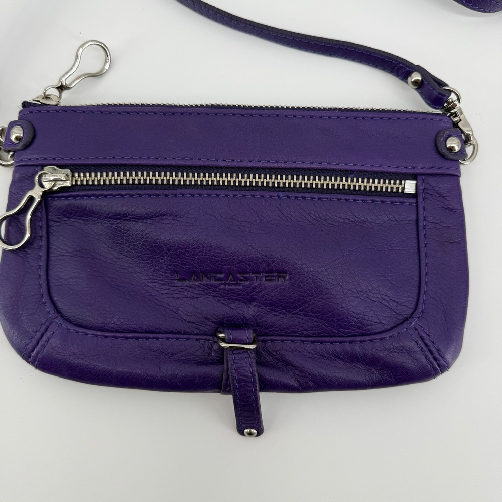 Lancaster Paris Purple Leather Crossbody Bag Small Slim Clutch Silver Hardware